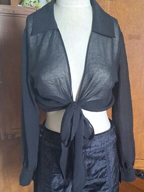 ADORA Sheer Black Crackle Mesh Tie Front Blouse - Large